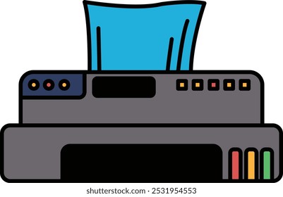 Ein Drucker mit einer blauen Abdeckung. Der Drucker ist schwarz und hat eine blaue Abdeckung.