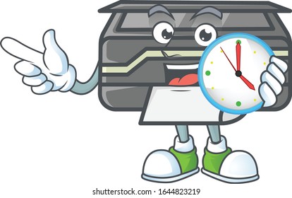Impresora caricatura estilo mascota con reloj