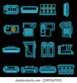 Printer cartridge icons set. Outline set of printer cartridge vector icons neon color on black