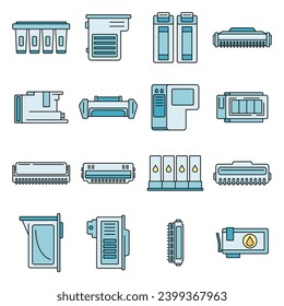 Conjunto de iconos del cartucho de impresora. Conjunto de esquemas de iconos vectoriales de cartuchos de impresora color de línea delgado plano sobre blanco