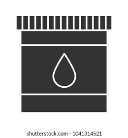 Printer cartridge ink glyph icon. Silhouette symbol. Plastic bottle with drop. Negative space. Vector isolated illustration