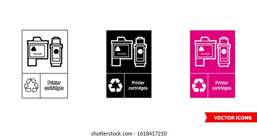 Printer cartridges electrical recycling sign icon of 3 types: color, black and white, outline. Isolated vector sign symbol.