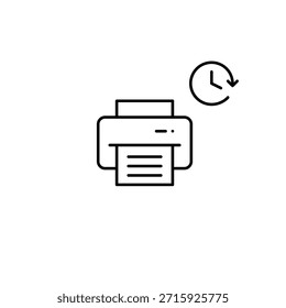 Impressora e relógio. Trabalho agendado de digitalização e impressão. Pixel perfeito, ícone de vetor de traçado editável