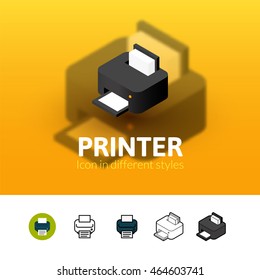 Printer color icon, vector symbol in flat, outline and isometric style isolated on blur background