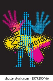 Printer, color print raster background. 
Illustration with male silhouette with cmyk print colors.