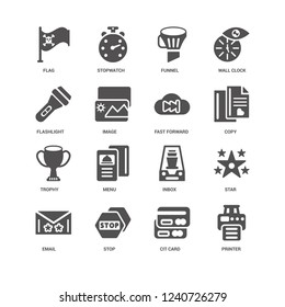 Printer, Copy, Fast forward, Email, Star, Flag, Flashlight, Trophy, Cit card, Stop, Funnel icon 16 set EPS 10 vector format. Icons optimized for both large and small resolutions.