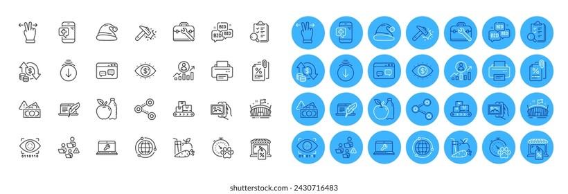 Printer, Copyright laptop and Apple line icons pack. Tax documents, Arena, Change money web icon. Dog competition, Touchscreen gesture, Juice pictogram. Fraud, Hammer blow, Teamwork. Vector