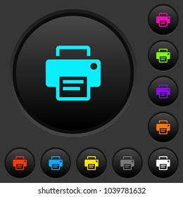 Printer dark push buttons with vivid color icons on dark grey background