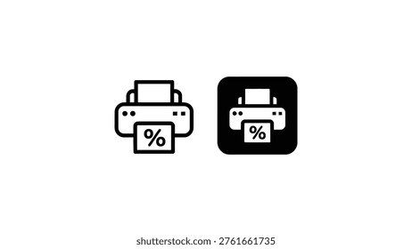 Printer discount icon set with percentage symbol in outline and solid style printing service sale concept vector isolated background