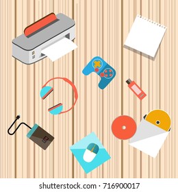 printer, disk drives, headphones, Notepad, flash drive