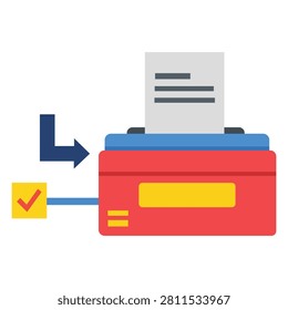 Printer with document printing process and confirmation checkmark illustration flat vector isolated on white background office equipment workflow productivity business technology concept design