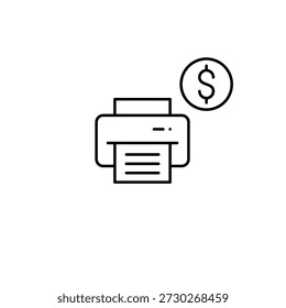 Impressora e dólar. Despesas de escritório. Pixel perfeito, ícone de vetor de traço editável