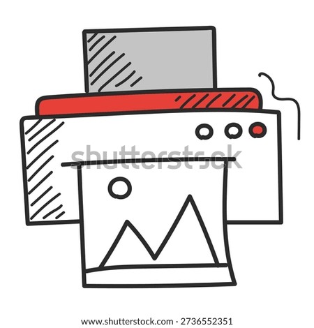 Printer doodle icon vector isolated. Hand-drawn illustration of a print device. Office tool, photocopier. Technology for digital drawing printing.