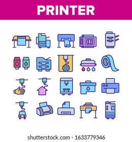 Printer Equipment Collection Icons Set Vector. Electronic 3d Printer And Device For Printing Build House, Ink Drop And Cartridge Concept Linear Pictograms. Color Contour Illustrations
