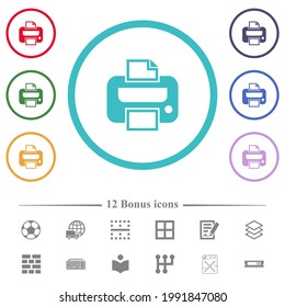 Printer flat color icons in circle shape outlines. 12 bonus icons included.