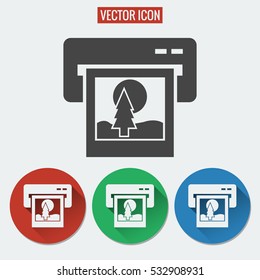 Printer flat vector icon isolated on white background. Set of symbols for mobile app and web on colorful round buttons with long shadow, EPS10.