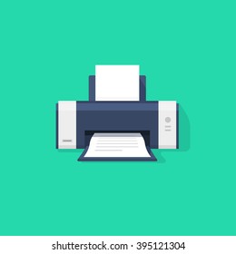 Printer flat vector icon with shadow, printer with paper a4 sheet and printed text document out of printer machine illustration isolated on green background, laser ink jet copier symbol