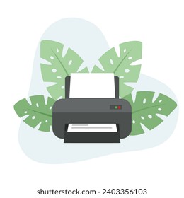 Printer flat vector Illustration icon decorated with leaves for web use for printing, printed document, paper document, office equipment