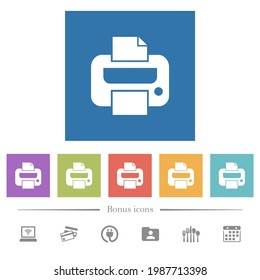 Printer flat white icons in square backgrounds. 6 bonus icons included.
