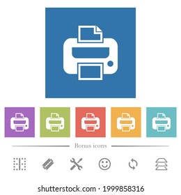 Printer flat white icons in square backgrounds. 6 bonus icons included.