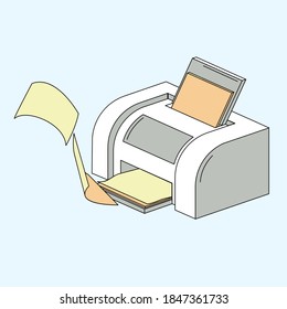 printer with flying paper illustration with stroke 