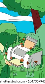 printer with flying paper in nature with flowers and grass illustration  with stroke