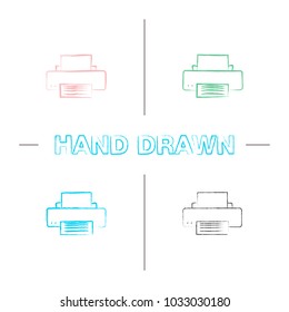 Printer hand drawn icons set. Color brush stroke. Isolated vector sketchy illustrations