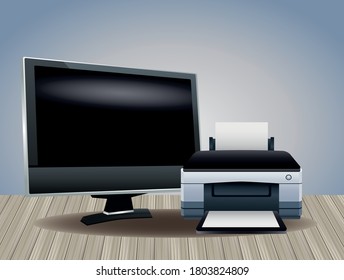 máquina de hardware de impresora y monitor dispositivos de computadora diseño de ilustración vectorial
