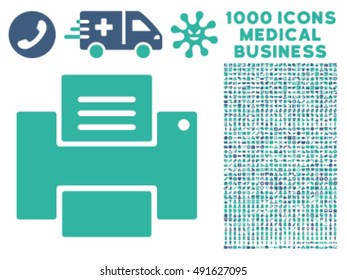 Printer icon with 1000 medical commerce cobalt and cyan vector design elements. Set style is flat bicolor symbols, white background.