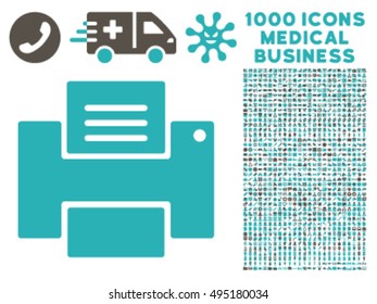 Printer icon with 1000 medical commercial grey and cyan vector pictograms. Design style is flat bicolor symbols, white background.
