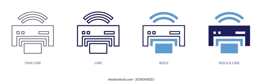Icono de la impresora en 4 estilos diferentes. Línea delgada, línea, negrita y línea negrita. Estilo duotono. Trazo editable.