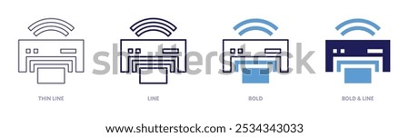 Printer icon in 4 different styles. Thin Line, Line, Bold, and Bold Line. Duotone style. Editable stroke.