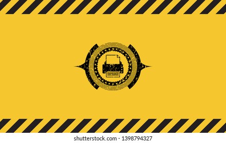 printer icon black grunge emblem inside yellow warning sign. Vector Illustration. Detailed.