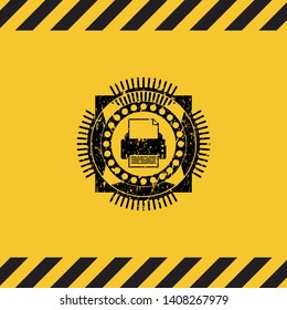 printer icon black grunge emblem inside yellow warning sign. Vector Illustration. Detailed.