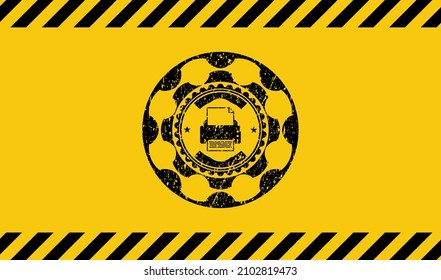 Druckersymbol: schwarzes Grunge-Emblem, gelbes Warnzeichen. Vektorgrafik. Detaillierte Angaben. 