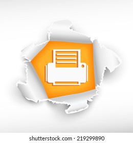 Printer icon and breakthrough paper hole with ragged edges with a space for your message. 