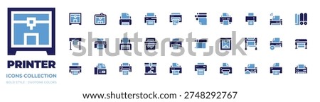 Printer icon collection. Bold style. Duotone colors. printer, 3d printer, printing, printing machine, plotter, paper roll, wifi, subtract, cloud, fax.