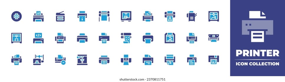 Printer icon collection. Duotone color. Vector illustration. Containing printer, large format, laptop, printing, paper roll, electronics. 