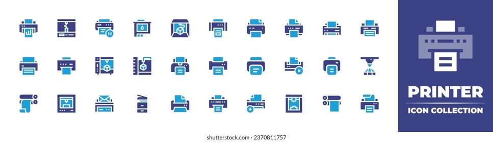 Printer icon collection. Duotone color. Vector illustration. Containing printer, rolling machine, print, printer cartridges, print cylinder, pause, add, printing. 