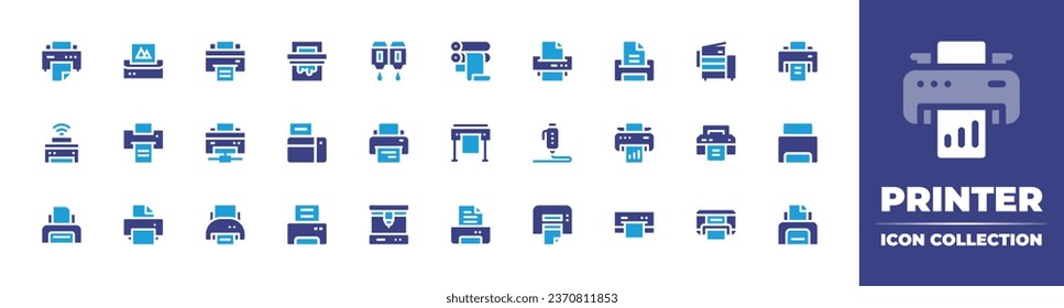 Colección de iconos de impresora. Color de duotona. Ilustración vectorial. Conteniendo impresión, cartucho, impresora, cilindro de impresión, trazador, electrónica. 