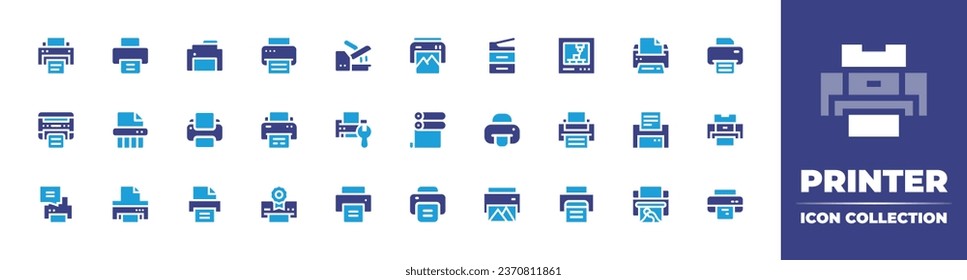 Printer icon collection. Duotone color. Vector illustration. Containing printer, heat press printer, art and design, paper roll, print. 