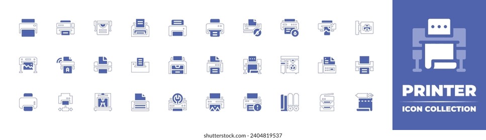 Printer icon collection. Duotone color. Vector and transparent illustration. Containing printer, print, inkless, copy center, photo print, ink, printing, fax, warning, roll out, photocopier.