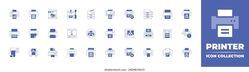 Printer icon collection. Duotone color. Vector and transparent illustration. Containing rolling machine, printer, print, pause, printing, cross.