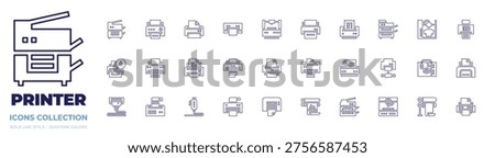 Printer icon collection. Line style. Editable stroke. printer, scanner, 3d printer, print, multifunction printer.