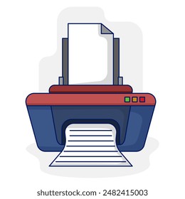 Concepto de icono de impresora, Impresora de papel imprime el texto del documento. imprimir archivos de datos en papel, empresa, tecnología de equipos de oficina para imprimir papel en ellos, trabajo de oficina y hogar. Ilustración vectorial plana