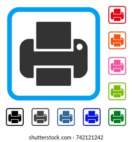 Printer icon. Flat gray pictogram symbol in a light blue rounded rectangular frame. Black, gray, green, blue, red, orange color additional versions of Printer vector.