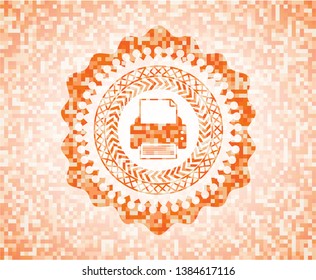 printer icon inside abstract emblem, orange mosaic background