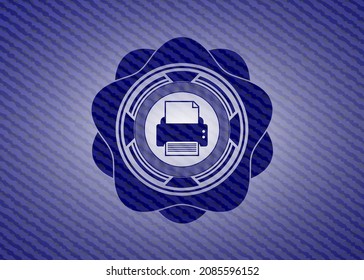 printer icon inside badge with denim texture. 