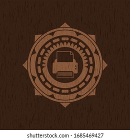 icono de impresora en el interior de la placa con fondo de madera