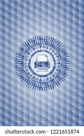 printer icon inside blue emblem or badge with abstract geometric pattern background.